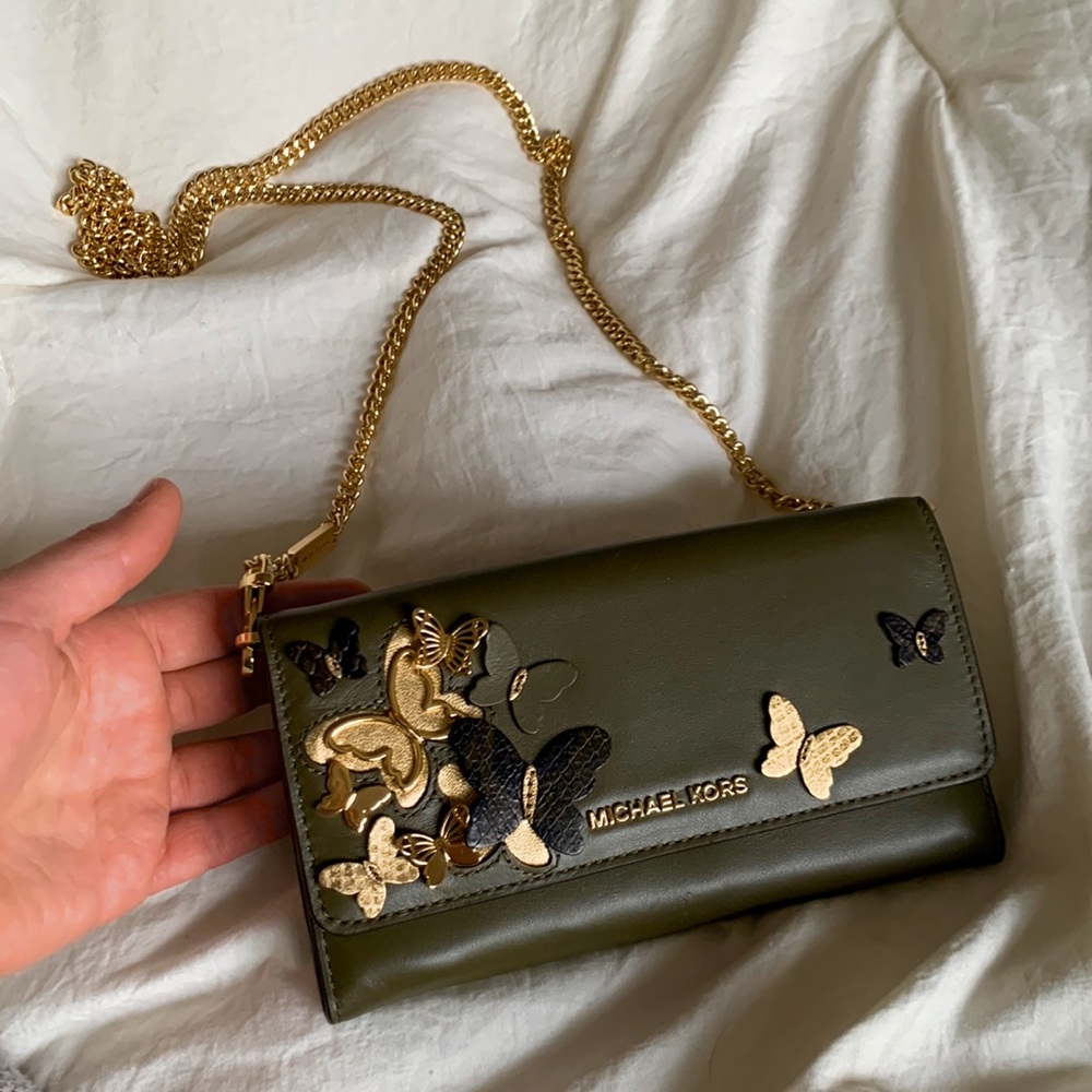 Michael Kors Purse- Green Leather Gold Butterfly Shoulder Bag Wallet Snake Skin